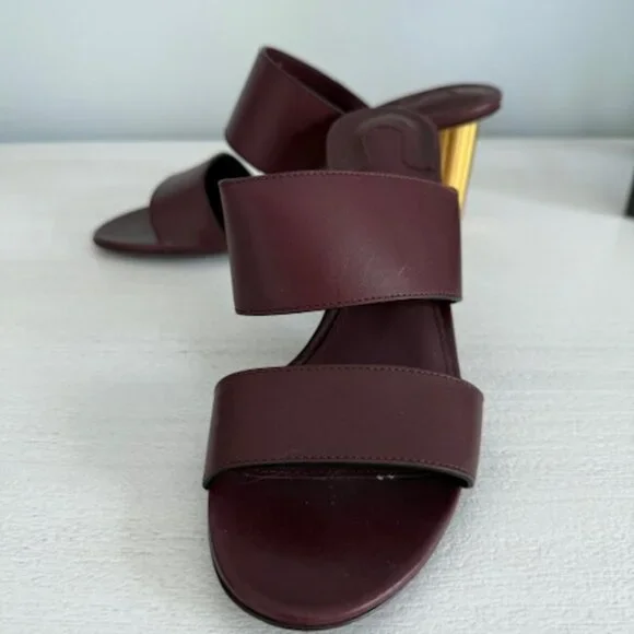 Salvatore Ferragamo Burgundy Sandals with Gold Heel - Picture 1 of 7